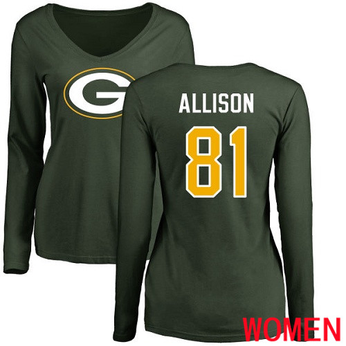 Green Bay Packers Green Women #81 Allison Geronimo Name And Number Logo Nike NFL Long Sleeve T Shirt->green bay packers->NFL Jersey